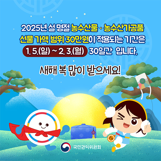 2025년 설 명절 농수산물·농수산가공품 선물 가액 범위 30만원이 적용되는 기간은 1.5.(일)~2.3.(월) 30일간 입니다.
                                                                    새해 복 많이 받으세요!
                                                                    국민권익위원회