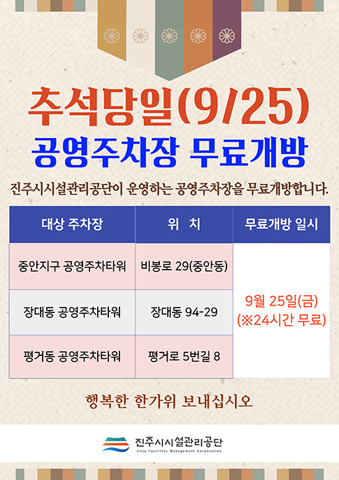 추석당일(9/25) 공영주차장 무료개방
진주시시설관리공단이 운영하는 공영주차장을 무료개방합니다.
무료개방 일시 : 2026. 9. 25.(금) ※ 24시간 무료
- 중안지구 공영주차타워 : 비봉로 29(중안동)
- 장대동 공영주차타워 : 장대동 94-29
- 평거동 공영주차타원 : 평거로 5번길 8
행복한 한가위 보내십시오
진주시시설관리공단